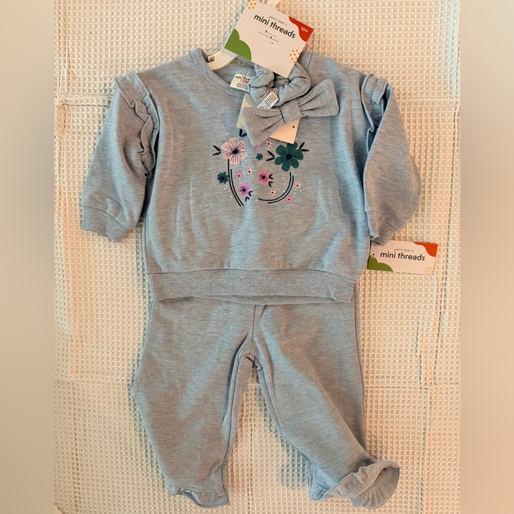 Pl Baby Blue Floral Baby Outfit with Bow